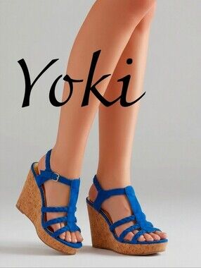 NWB YOKI Blue Suede DRESS  Sandals. Strappy Blue With Cork Wedge Heel 10